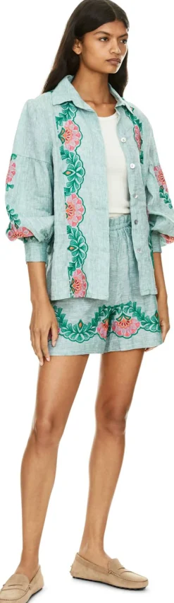 Leinenshorts 'Fava' mit Blumen Stickerei Grün
