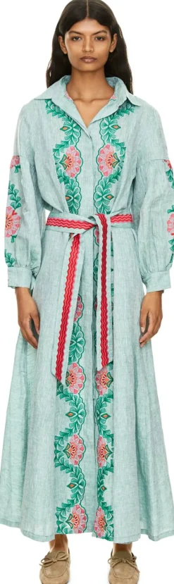 Maxikleid 'Anice' aus Leinen mit Blumen Stickerei Grün