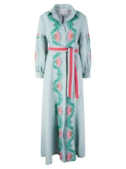 Maxikleid 'Anice' aus Leinen mit Blumen Stickerei Grün