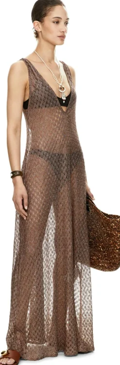 Maxikleid aus Lamé-Viskose mit V-Ausschnitt Braun
