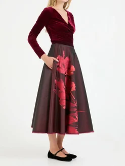 Midirock aus Floral Bouquet Jacquard Rubino Red