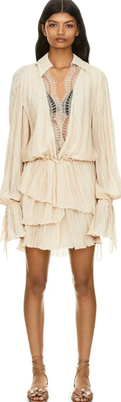 Rüschenkleid aus plissiertem Georgette Beige
