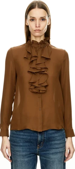 Seidenbluse 'Lily' mit Rüschenkragen Braun