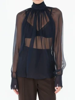 Seidenbluse mit Stehkragen Marineblau