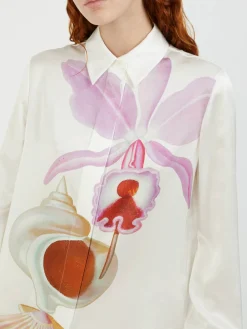 Seidenbluse mit verspieltem Aufdruck Weiß/Violett