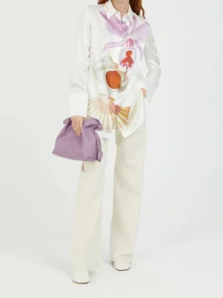 Seidenbluse mit verspieltem Aufdruck Weiß/Violett