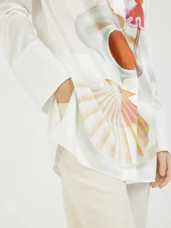 Seidenbluse mit verspieltem Aufdruck Weiß/Violett