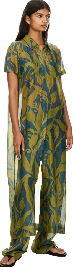 Seidenhose 'Pachas' mit floralem Muster Grün/Blau