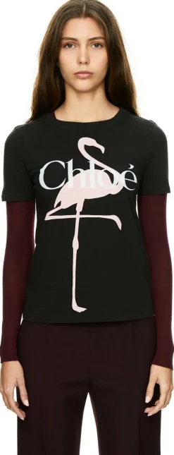 T-Shirt mit Flamingo-Print Schwarz