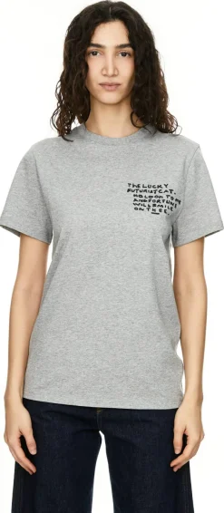 T-Shirt mit Katzen-Stickerei Grau