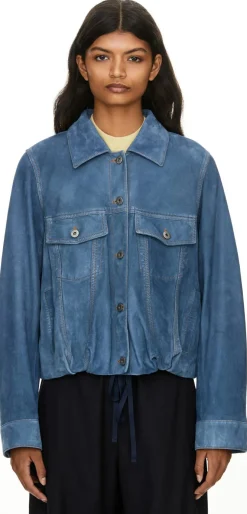 Velourslederjacke mit Doppel-L Aufnäher Mittelblau