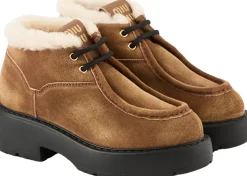 Veloursleder-Stiefeletten mit Lammfell Zimt