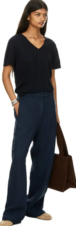 Weite Leinenhose mit Fischgrätmuster Marineblau