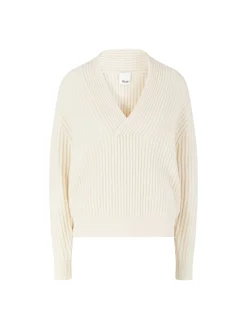 Woll-Cashmere-Pullover mit V-Ausschnitt Crème