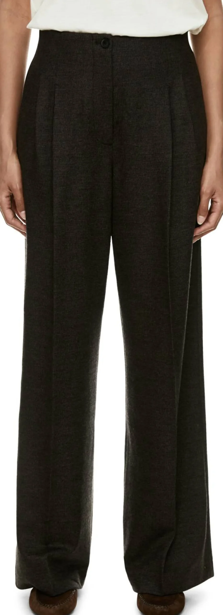 Wollhose 'Lainie Pepita' mit Bundfalten Nero/Schokolade