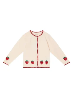 Wollstrickjacke mit Erdbeer-Stickerei Rosé